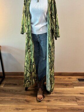 Lucky & Blessed Green Cactus Print Longline Duster, Size XL